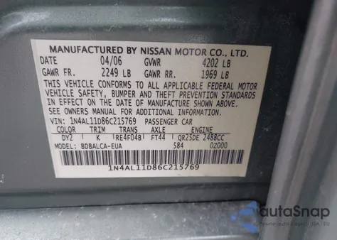 2006 Nissan Altima 2.5 S z USA, uszkodzony, nr VIN 1N4AL11D86C215769